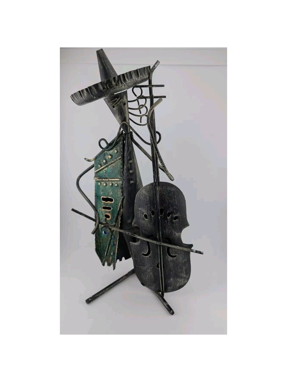 Metal Cello Player Sculpture Black Green Enesco 13" Sombrero Art